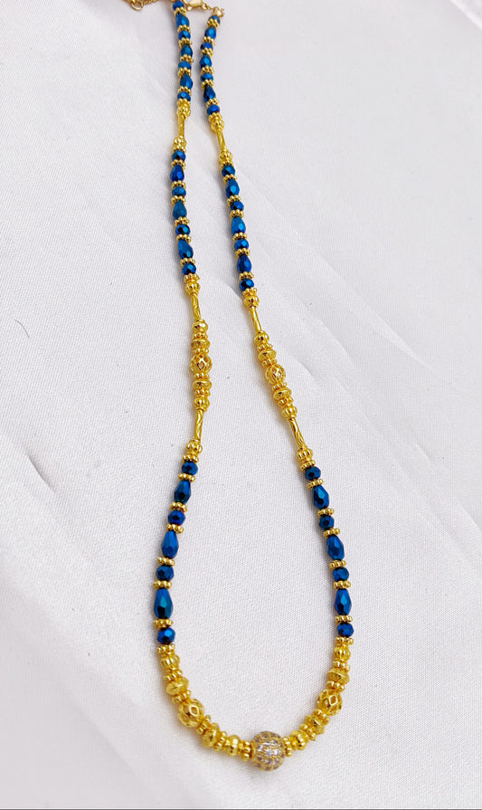 Gold Plated Beaded Necklace - Metallic Blue