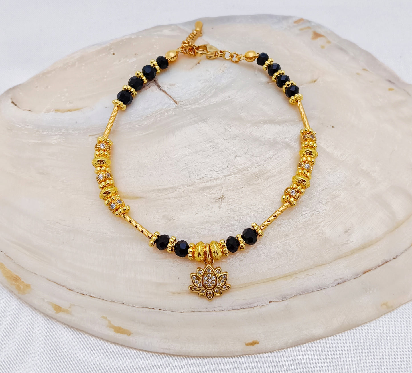 Gold Plated Lotus Beaded Bracelet with Cubic Zirconias - Black