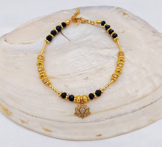 Gold Plated Lotus Beaded Bracelet with Cubic Zirconias - Black