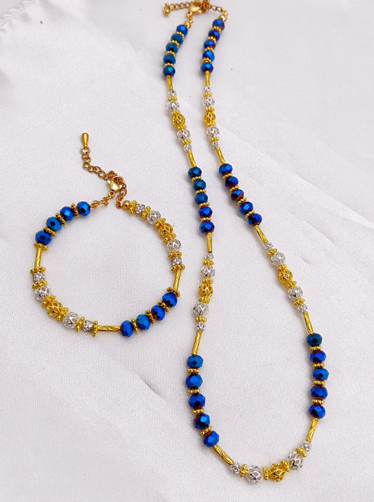 Beaded Necklace And Bracelet Set - Metallic Blue, Gold Plated and Silver Plated