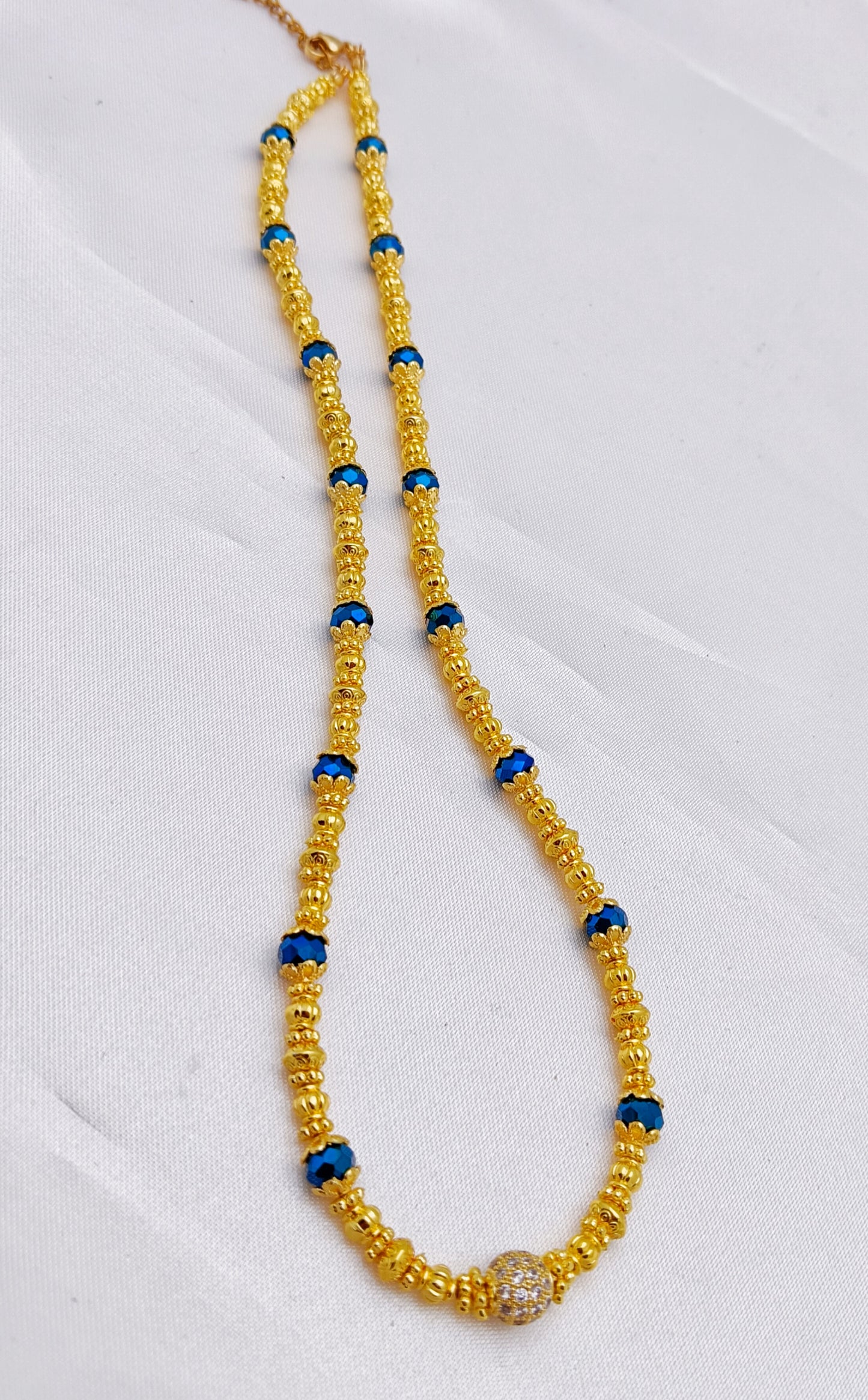 Beaded Necklace - Gold, Metallic Blue
