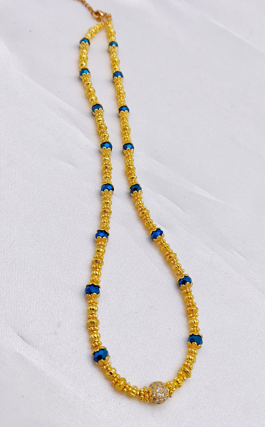 Beaded Necklace - Gold, Metallic Blue