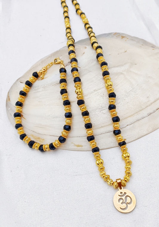 Gold Plated Beaded Mangalsutra/Necklace and Bracelet Set - Black