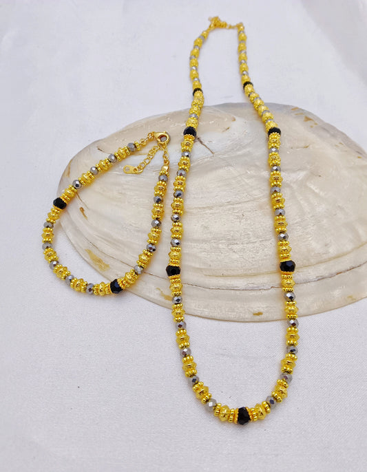 Gold Plated Beaded Mangalsutra/Necklace and Bracelet set - Silver & Black