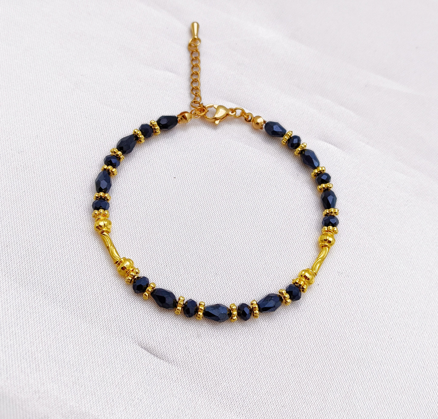 Gold Plated, Beaded Bracelet - Metallic Black