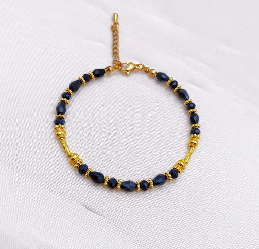 Gold Plated, Beaded Bracelet - Metallic Black