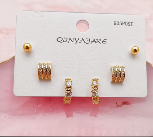 3 Pairs Gold Plated Earrings