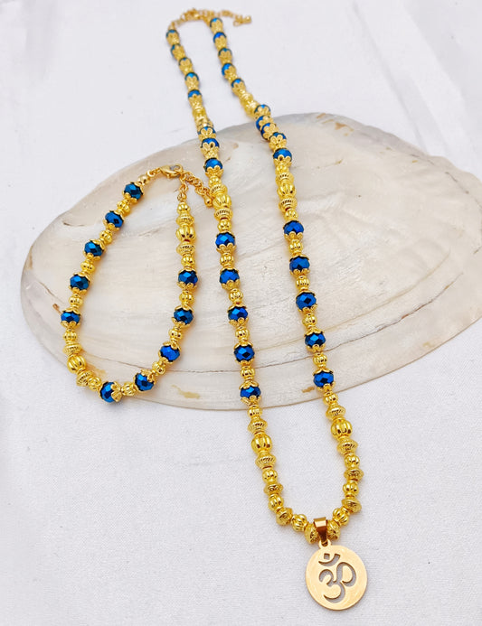 Gold Plated Beaded Necklace and Bracelet Set - Metallic Blue