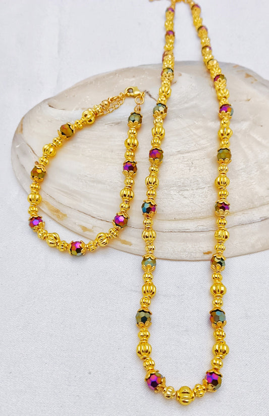 Gold Plated Beaded Necklace and Bracelet Set - Multicolor