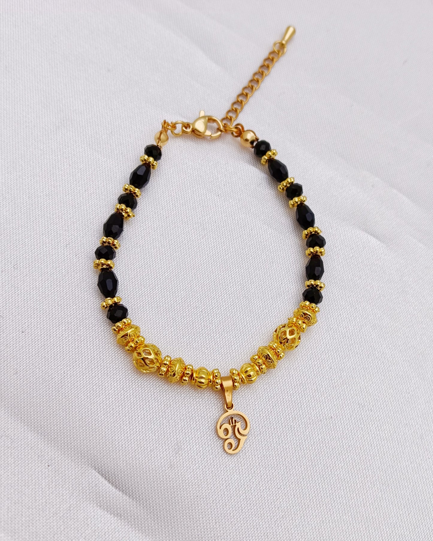 Gold Plated Beaded Bracelet - Aum Charm, Black