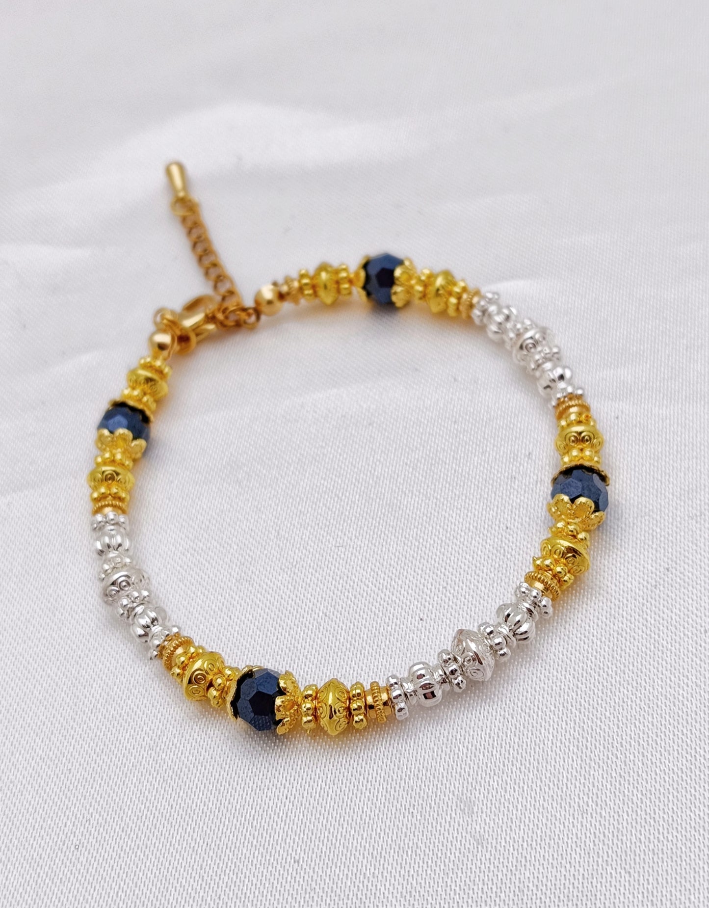Gold Plated and Silver Plated Beaded Bracelet - Metallic Black