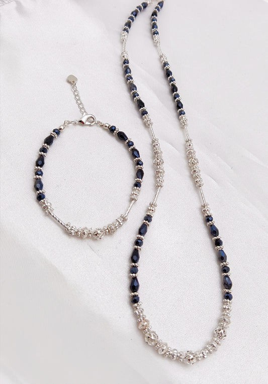 Silver Plated Beaded Necklace and Bracelet Set - Metallic Black
