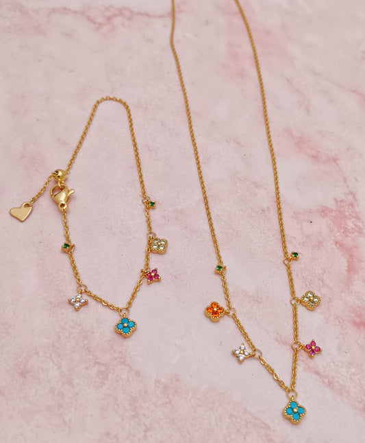 Gold Plated Multicolor Flower, Necklace and Bracelet Set