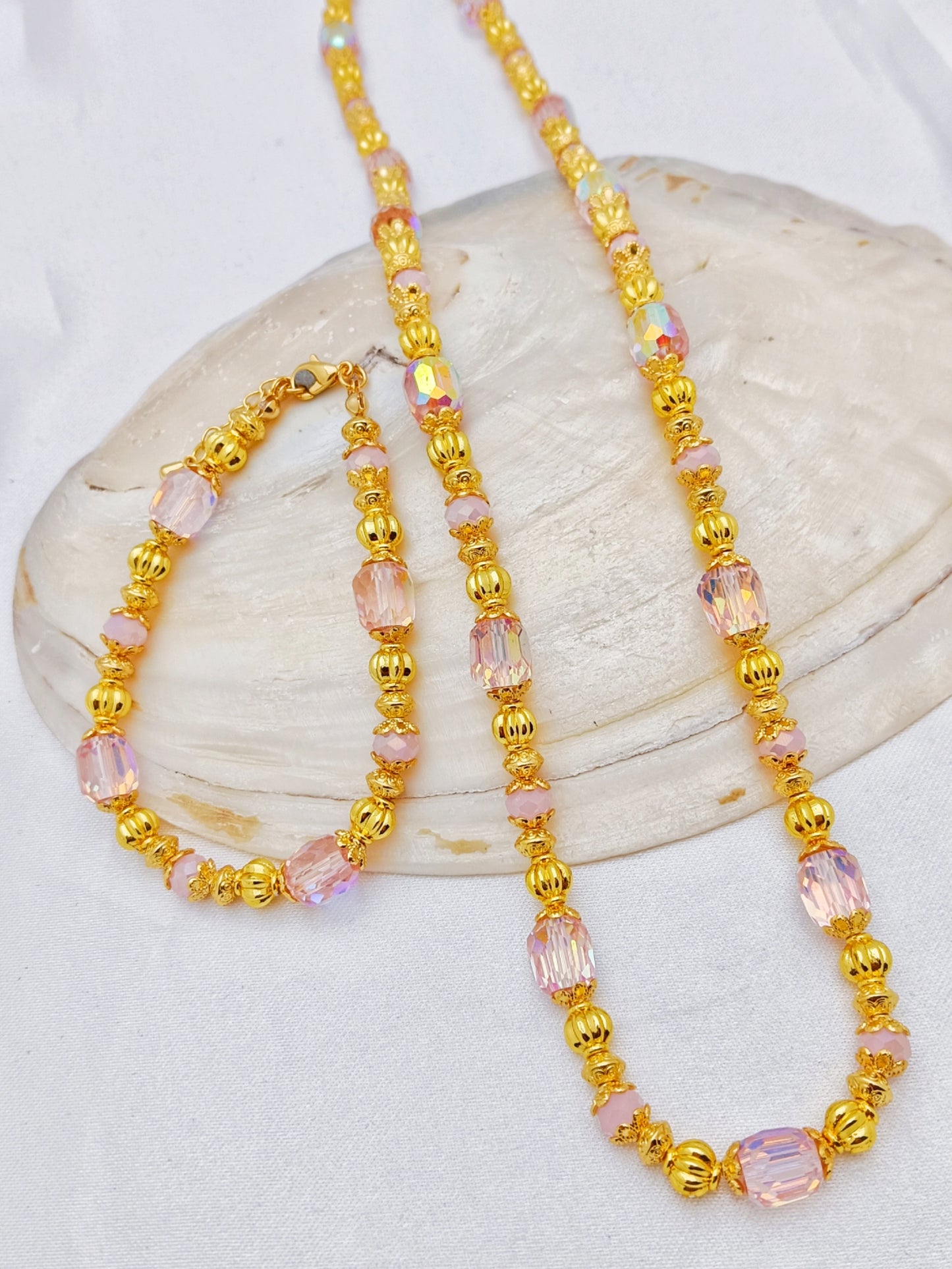 Gold Plated Beaded Necklace and Bracelet Set - Multicolor or Light Pink
